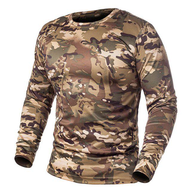 ReFire Gear Heren T-shirt met lange mouwen, camouflage, ronde hals, snel drogend, militair T-shirt, tactische multicam-camouflage, jacht, legershirts L kameel