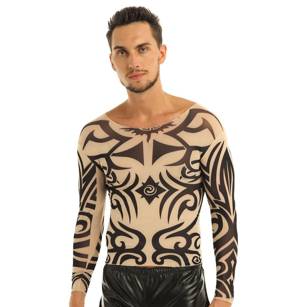 Xuhaijian02 FEESHOW Mannen Nep Tattoo Ontwerp Elastische Lange Mouw T-shirt Trui Tattoo Mesh O-hals Tee Voor Halloween Kostuums Carnaval Shirts S