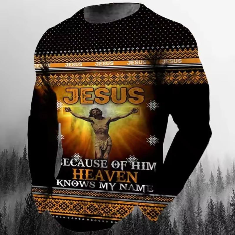 BOLIV MODA Mode Casual Heren T-shirt met lange mouwen 3D-geprint Retro Jezus Christus Straatpersoonlijkheid Losse O-kraag Harajuku Oversized Top 5XL