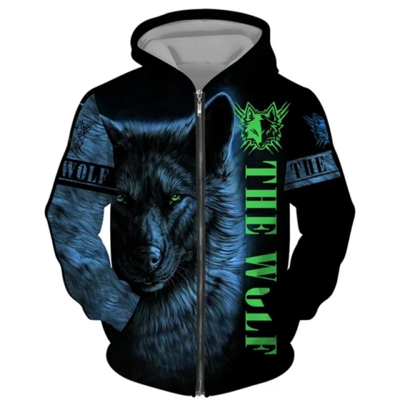 Nihao Wolf Heren 3d Hoodies Dier Vintage Rits Hoodie Voor Heren Mode Oversized Sweatshirt Lange Mouw Casual Herenkleding Tops XL