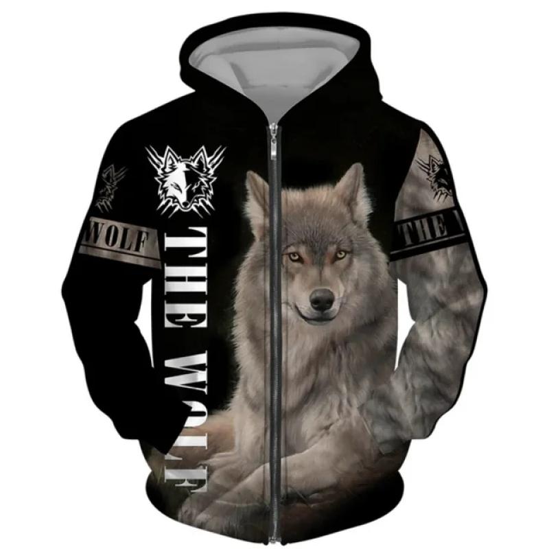 Nihao Wolf Heren 3d Hoodies Dier Vintage Rits Hoodie Voor Heren Mode Oversized Sweatshirt Lange Mouw Casual Herenkleding Tops 2XL