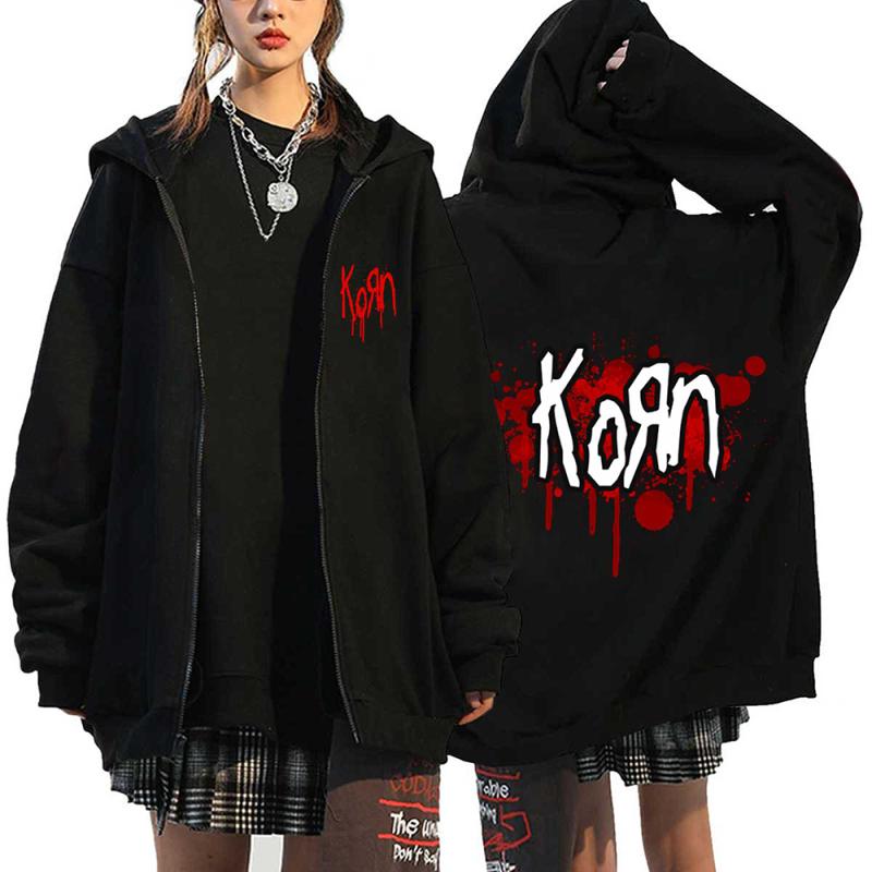 TENJINGE Trendy Korn Rock Band Print Rits Hoodies Metal Muziek heren Zip Up Jassen Hip Hop Streetwear Sweatshirts Unisex Y2K Vest jassen S
