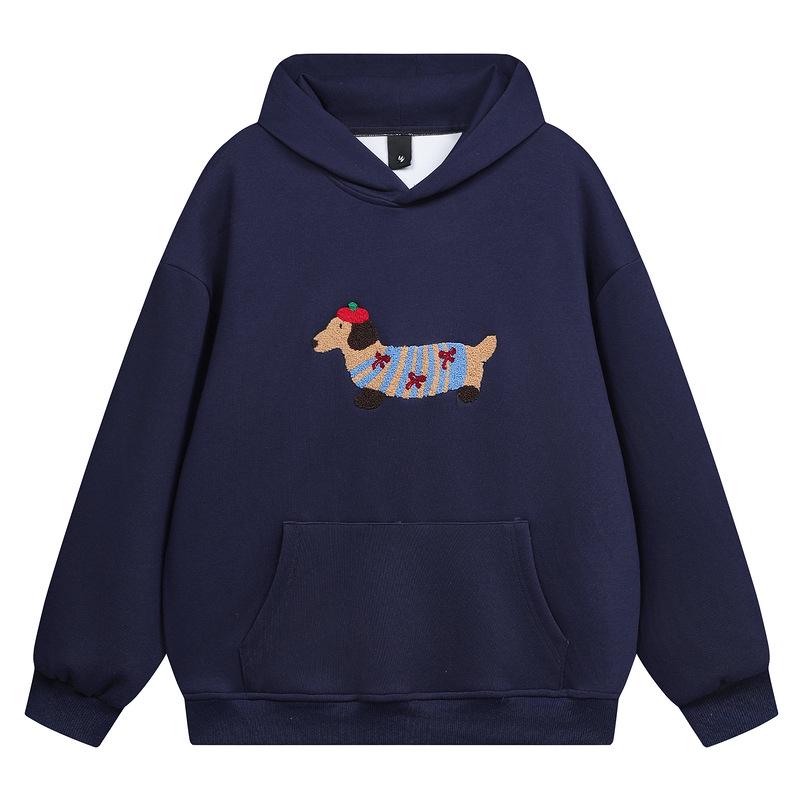 StrideBox YPRS Furry Dachshund Embroidered Hooded Sweater - Gray Autumn/Winter Loose Fit Small marineblauwe kleur