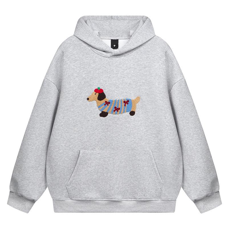 StrideBox YPRS Furry Dachshund Embroidered Hooded Sweater - Gray Autumn/Winter Loose Fit Small heidegrijze kleur