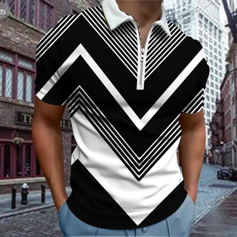 3D Fashion Design Clothing Casual T-shirt met revers Jonge mannenmode T-shirt met rits T-shirt met korte mouwen Heren 3D gestreept T-shirt M wit