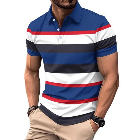 Kaileflf Heren gestreepte revers T-shirt Casual korte mouw Golf T-shirt Zakelijk kraag T-shirt Top voor sport Golf Reizen Kantoor Feesten Dagelijkse kleding M marineblauwe kleur