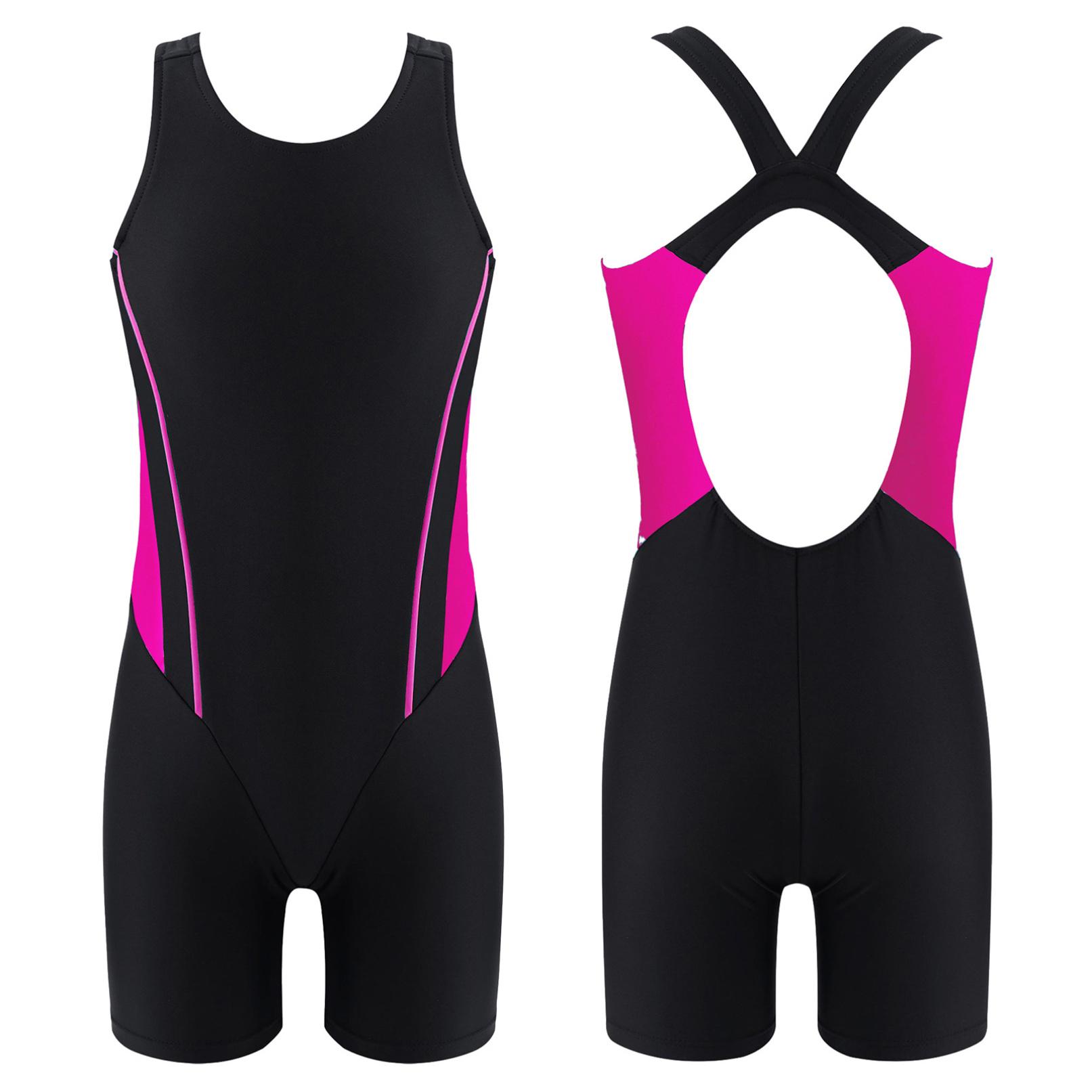 Daenrui Meisjes ééndelig badpak met ronde hals Kid Watersport Korte badpakbadpakken 13-14 Years zwart/rozerode kleur