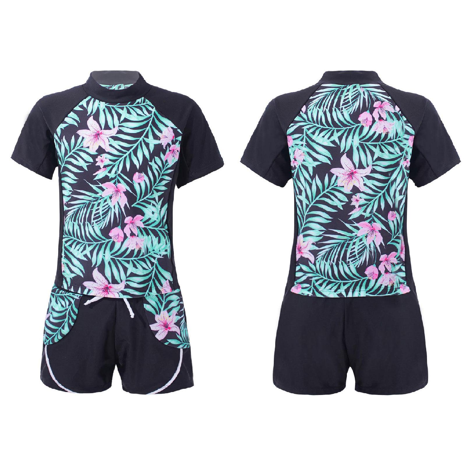 ZDHoor Kinderen meisjes zomer strandkleding tankini badmode set T-shirt en shorts 2-delig badpak badpak 13-14 Years zwart/groen