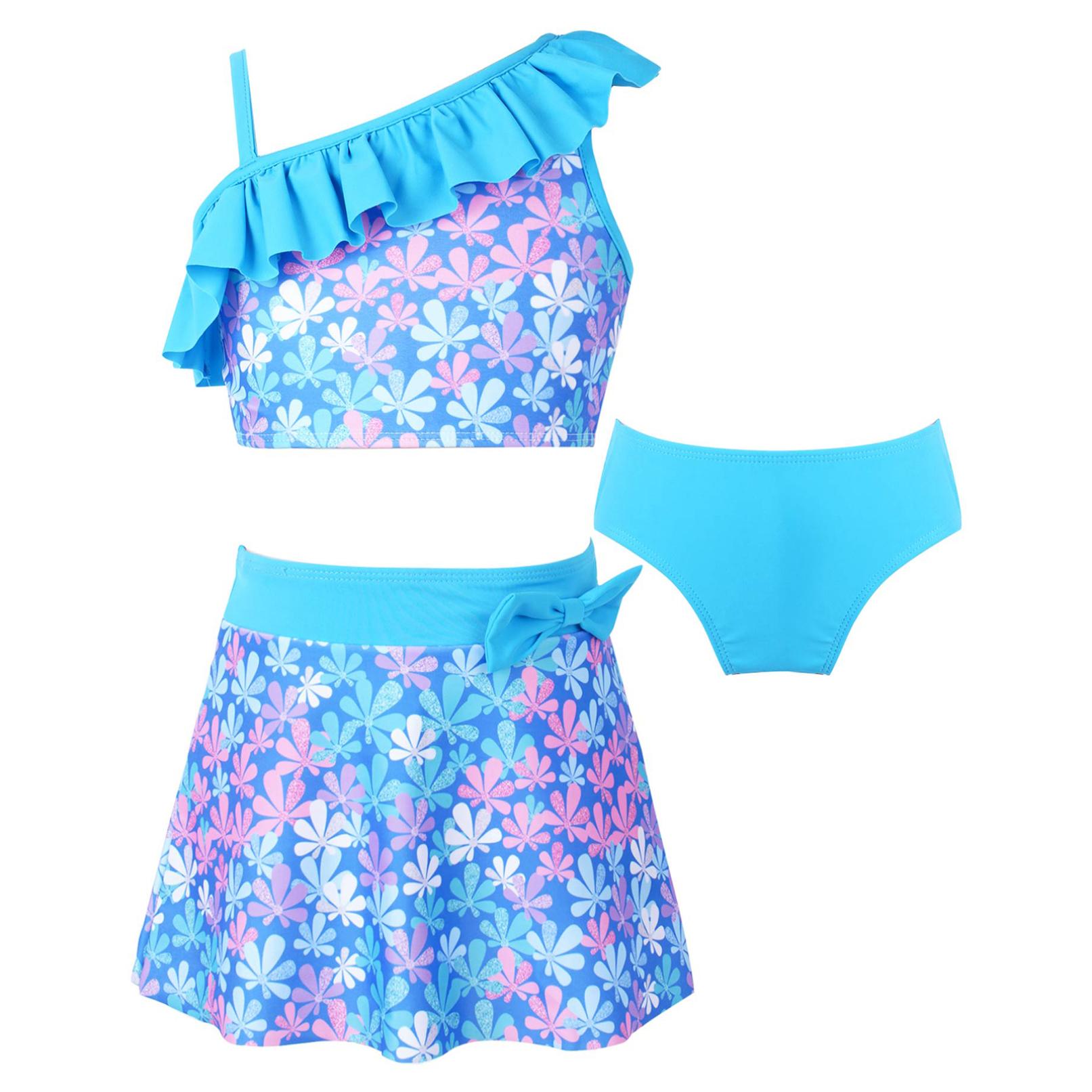 Manyakai Tankiniset voor kinderen, meisjes, 3-delige tankvest met bloemenprint, bikinibroekjes en rokken, zomerbadkleding 9-10 Years hemelsblauwe kleur