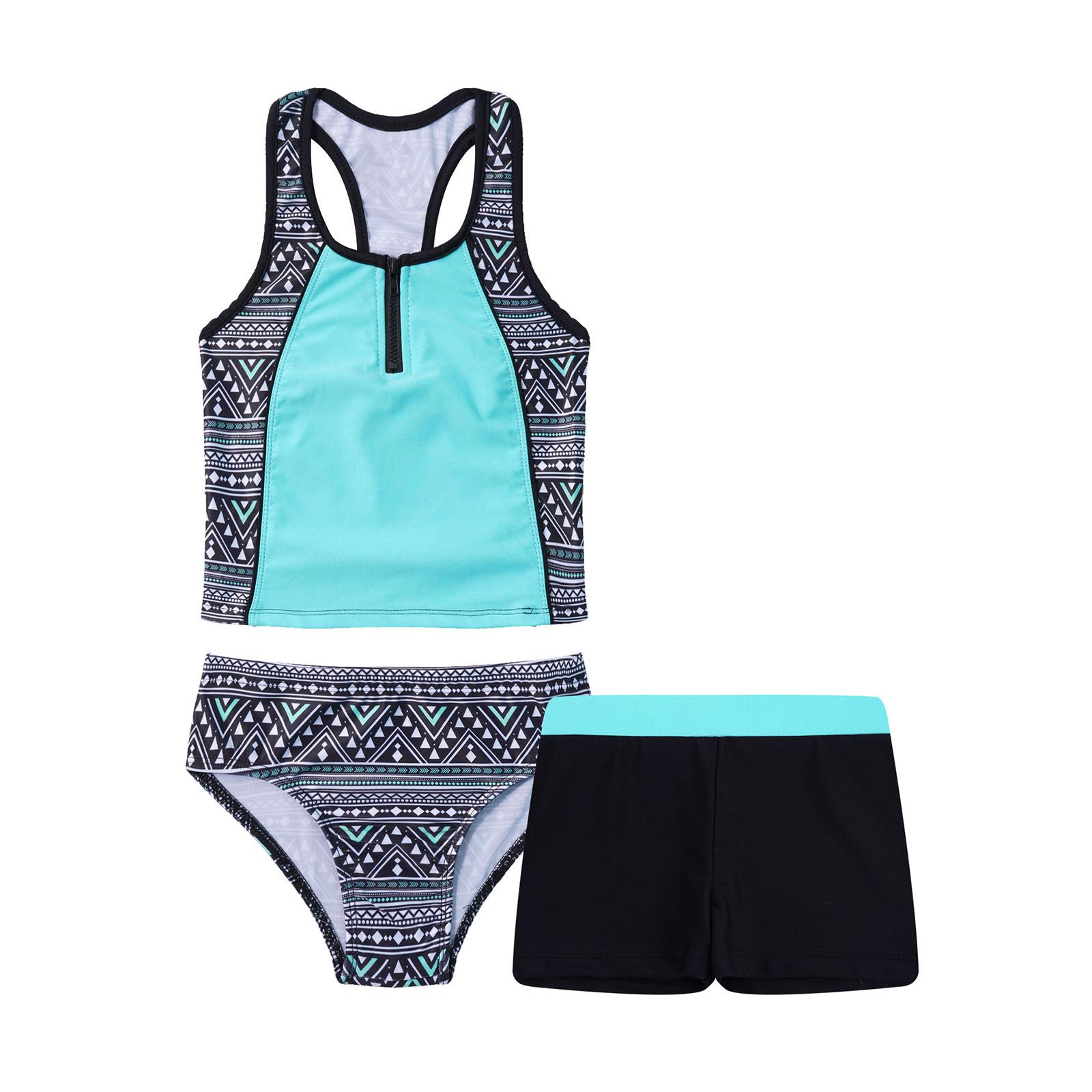 Yeahdor Kinderen Meisjes 3 Stuks Badpak Mouwloos Bloemenprint Tops met Shorts Bottoms Set Tankini Badpak 13-14 Years mintgroene kleur