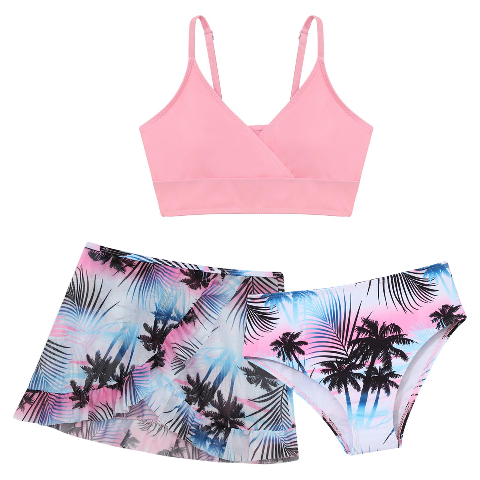IEFiEL Meisjes badpakken 3-delig gewatteerd bikini badpak met omslagrok Bloemenprint strand surf tankini badmode 11-12 Years