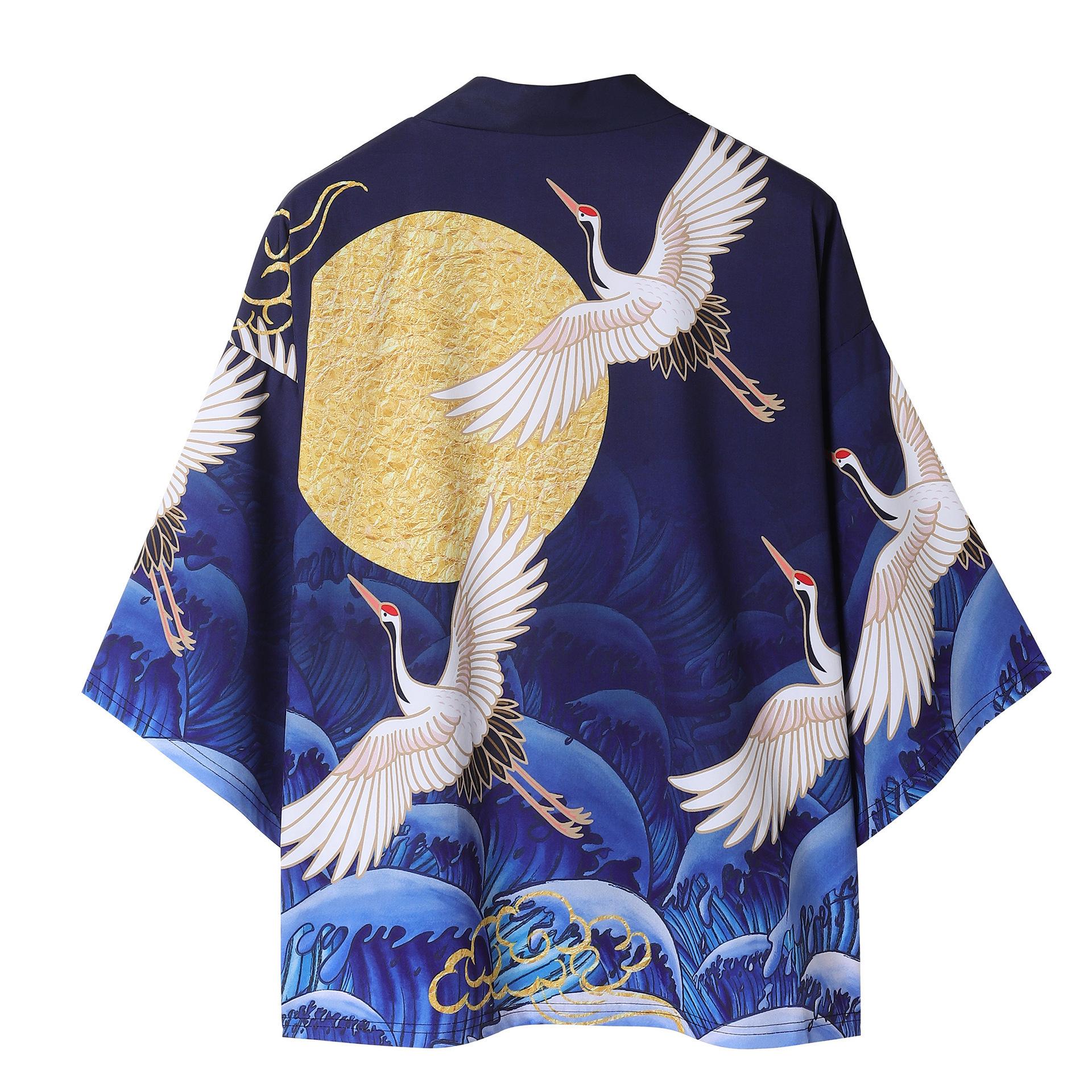 Four Four Japanse Kimono Retro Kraan Print Dunne Jas Haori Hanfu Pak Mantel Heren Zomer Chinese Stijl Nieuw Tang Pak Taoïstische Gewaad XL