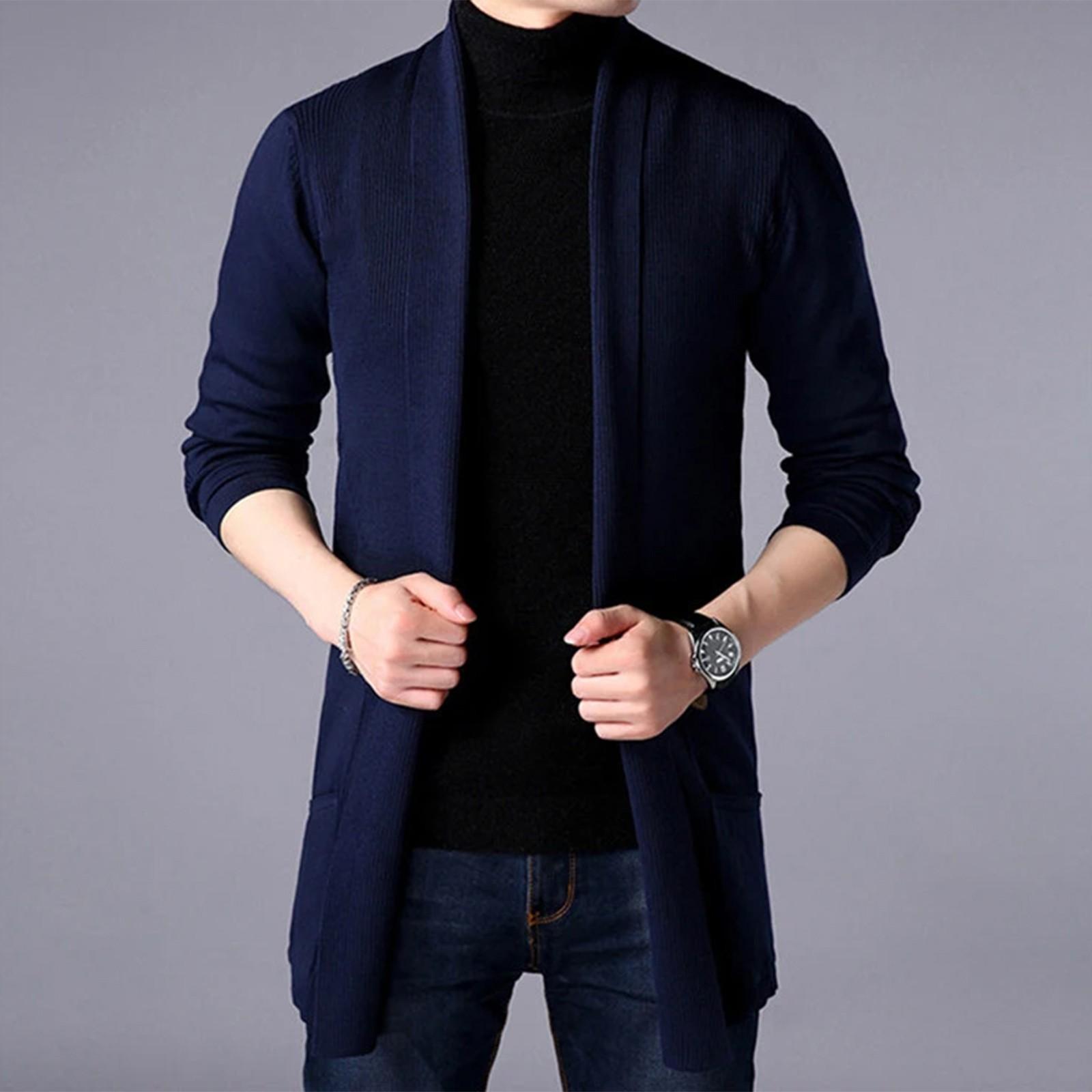 P andora Heren lange gebreide effenkleurige cardigan Herenmode Casual Zak Trui Topjas L