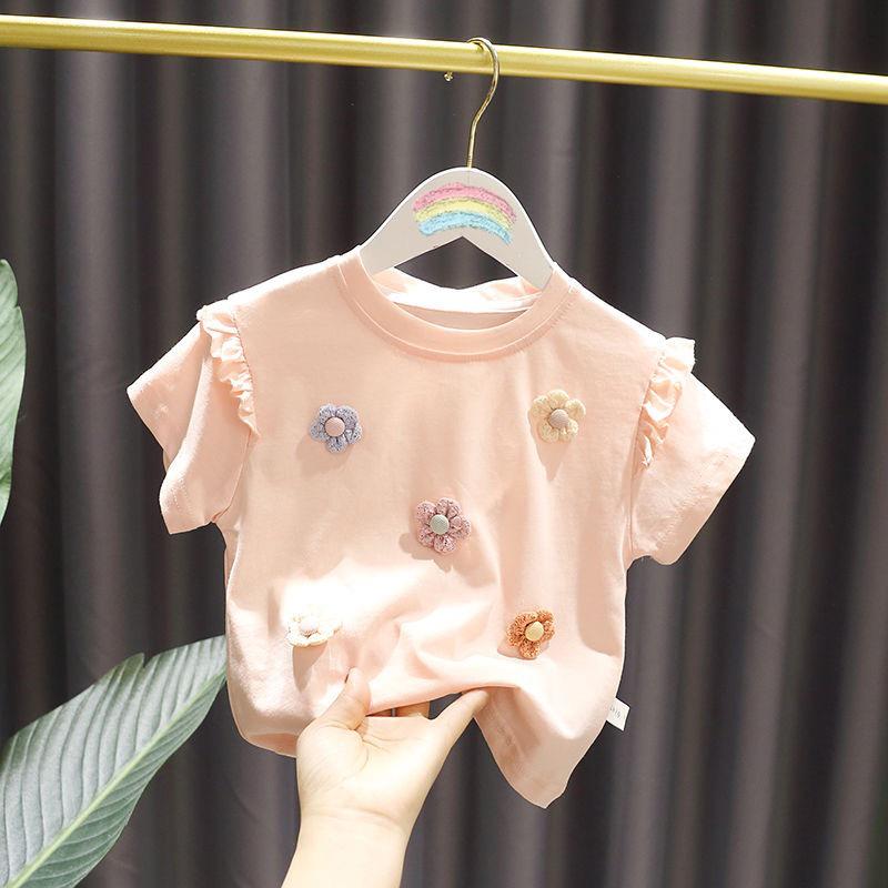 Voyex Meisjes T-shirt van katoen met korte mouwen in Koreaanse stijl met 3D-bloemenmotief - Trendy zomerkleding voor kinderen 100 cm