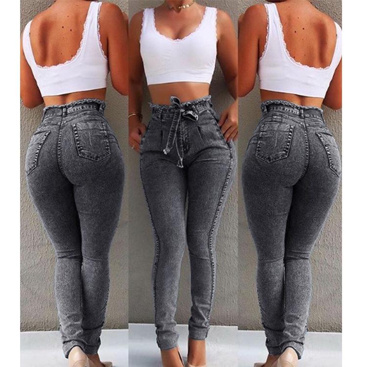 HI-FASHION Hoge taille jeans voor dames Herfst slanke stretch denim potloodbroek Kwastje riem Skinny push-up gewassen jeans Vrouw vrouwelijke broek M grijs