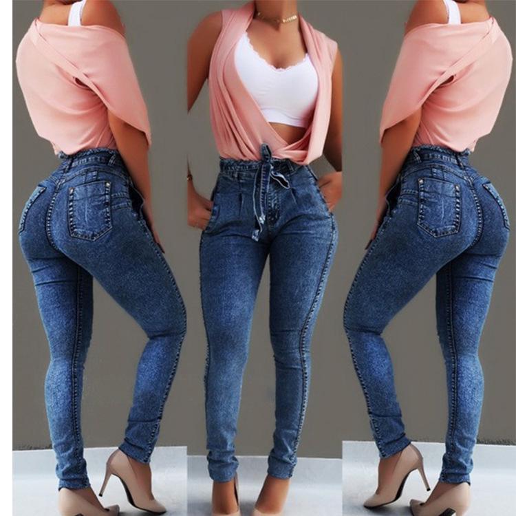 HI-FASHION Hoge taille jeans voor dames Herfst slanke stretch denim potloodbroek Kwastje riem Skinny push-up gewassen jeans Vrouw vrouwelijke broek S marineblauwe kleur