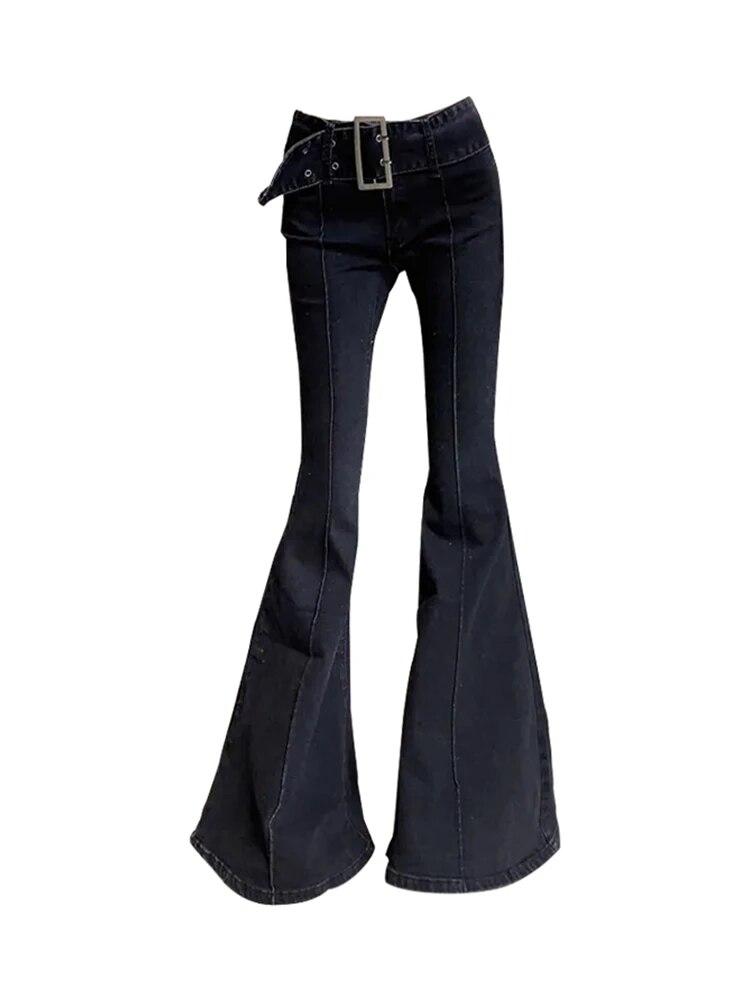 Exotic Amerikaanse Retro Flare Jeans Lage Taille E-girl Slim Bandage Bottoms Vrouwen Mode Zwarte Katoenen Denim Broek Broek Y2K High Street S zwart