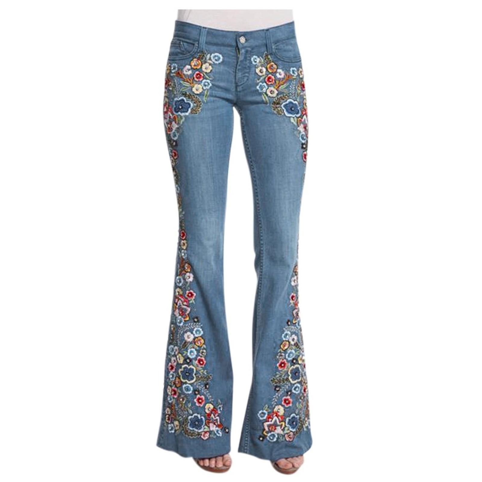 Long nose Damesborduurwerk Destoryed Flare Jeans Knop Taille Bell Bottom Denim Broek XL