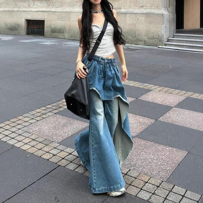 To Be Fashion women Retro irregular design splicing jeans street hot girl fake two-piece flared pants loose thin pants L blauw