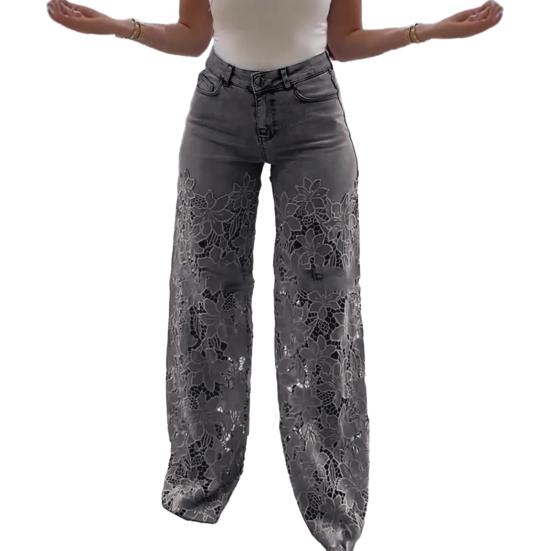 Mieshangle Dames Jeans met Kant Patchwork Casual Baggy Rechte Wijde Pijp Denim Broek Mid Waist Bloemig Holle Jeans M grijs
