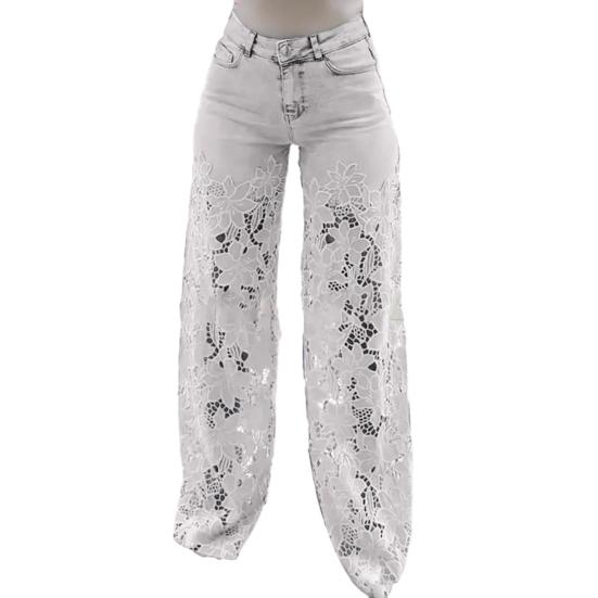 Mieshangle Dames Jeans met Kant Patchwork Casual Baggy Rechte Wijde Pijp Denim Broek Mid Waist Bloemig Holle Jeans L wit