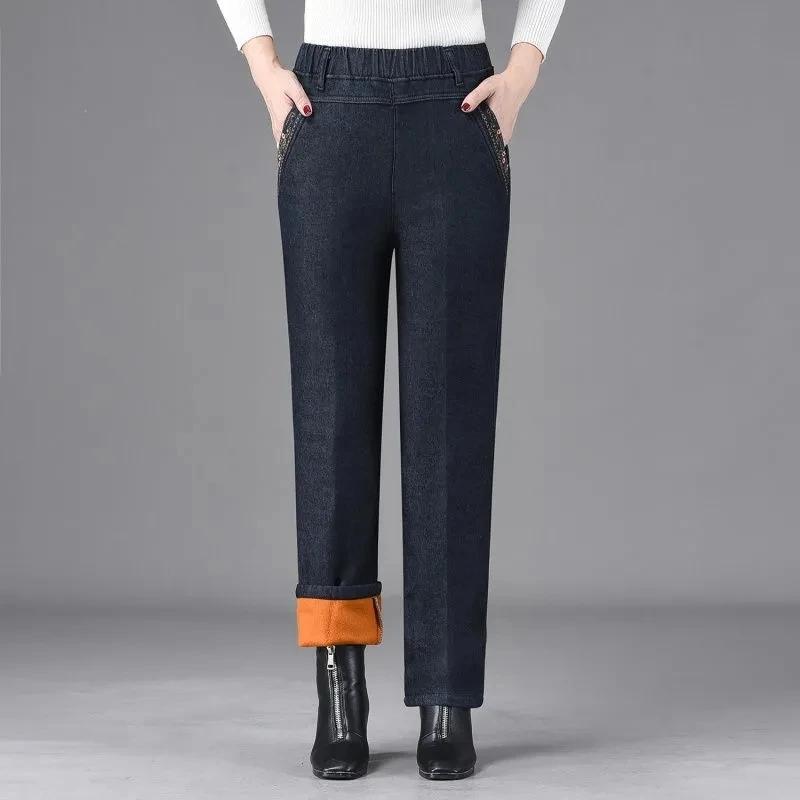Roser Dames Baggy Fluwelen Gevoerde Jeans Harem Broek Winter Warme Hoge Taille Vaqueros Broek Oversized Pluche Dikke Veter Denim Broek XXXXXL