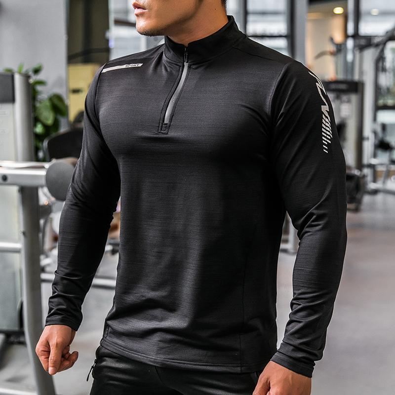 Shedao Pro Fitness Sporting Heren Half Rits Hoge Hals Sport Lange Mouw Compressie Snel Droog T-shirt Fitness Hardloopshirts Trainingstops XL zwart