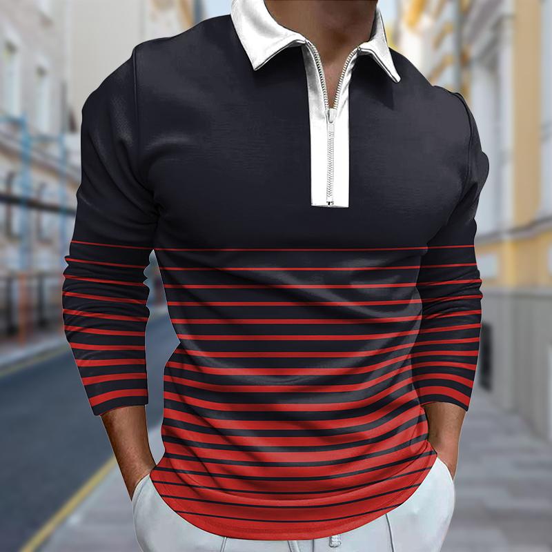 3D Fashion Design Clothing Poloshirts Heren Lange Mouw Kleurrijke Strepen Print Nieuw Heren Poloshirt Lange Mouw Rits T-shirt Top 4XL rood