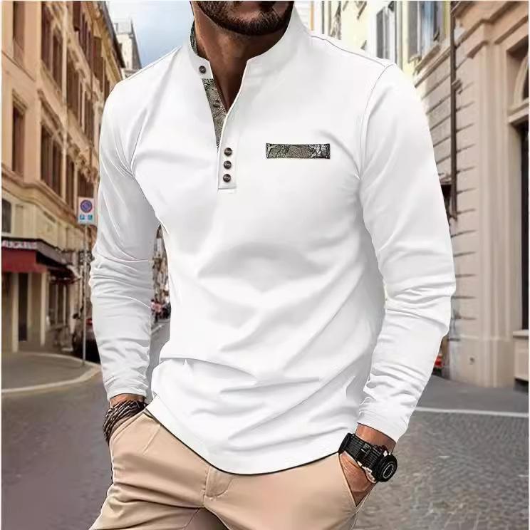 Fashion human Heren lente en herfst heren poloshirt met opstaande kraag casual sport lange mouwen Henley shirt L wit