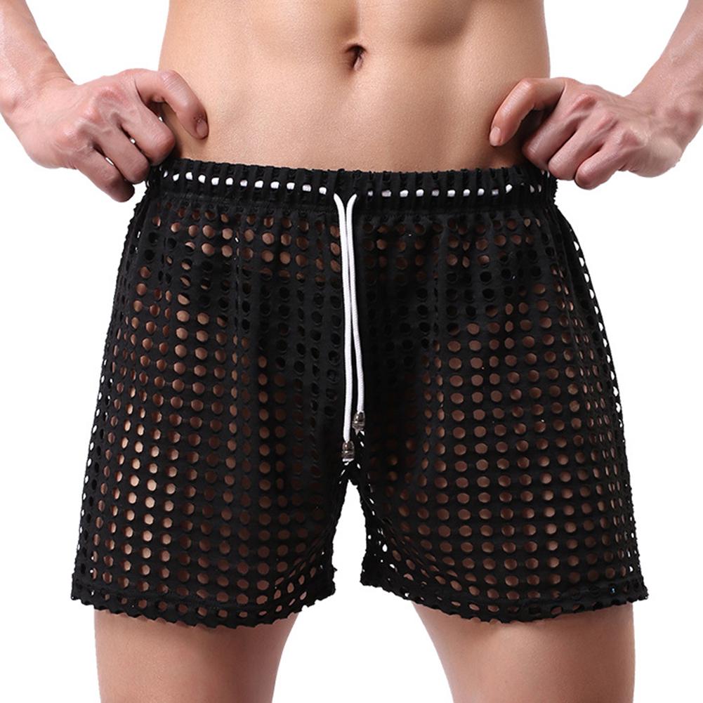 Home Gadgets Erotische mesh-outshorts door middel van holle strandbroeken met trekkoord voor heren XL zwart