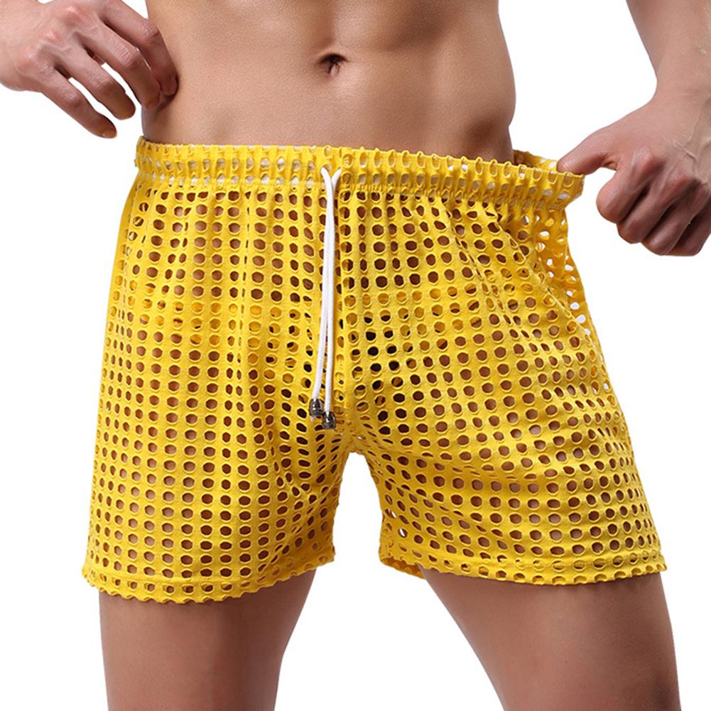 Home Gadgets Erotische mesh-outshorts door middel van holle strandbroeken met trekkoord voor heren XL geel