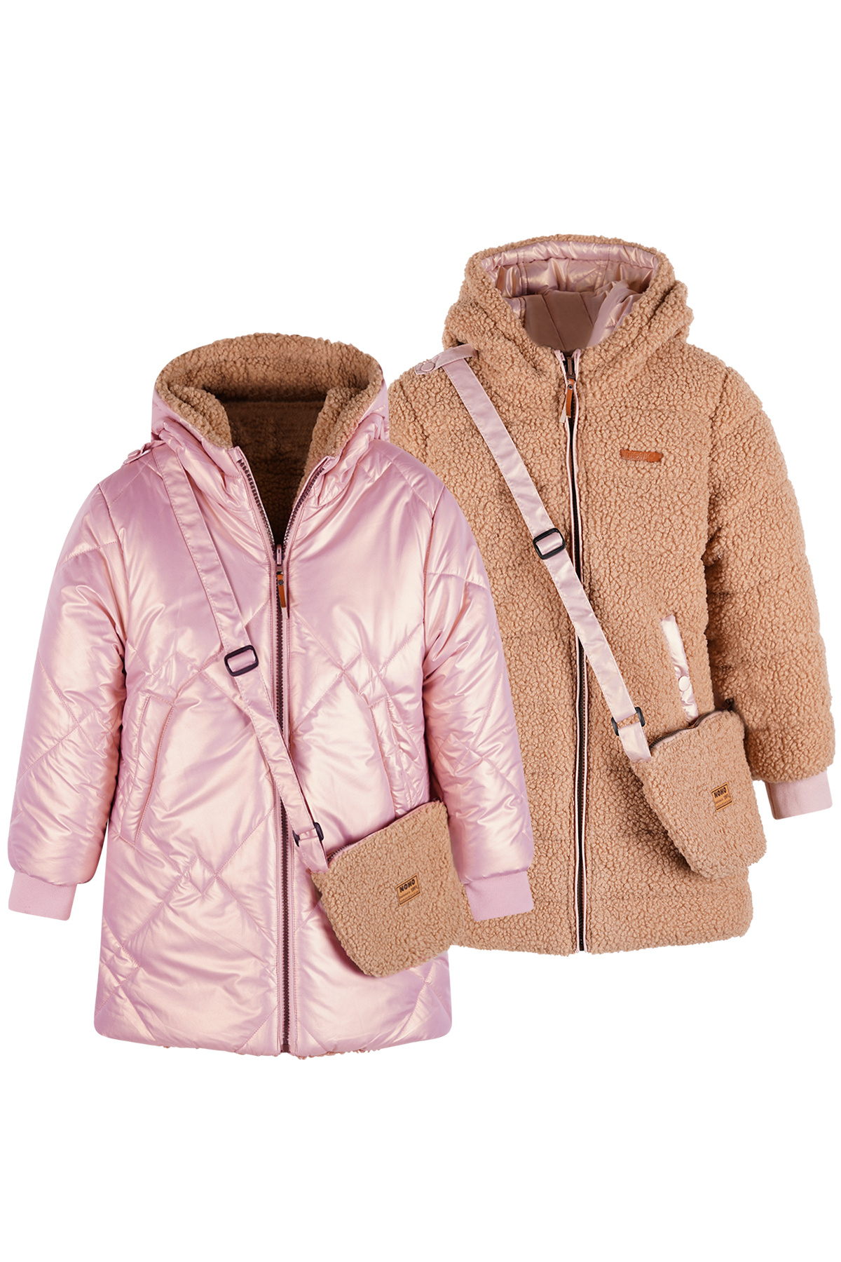 NoNo winter winterjas meisjes - bruin - Betty - reversible, capuchon, middellang + tas