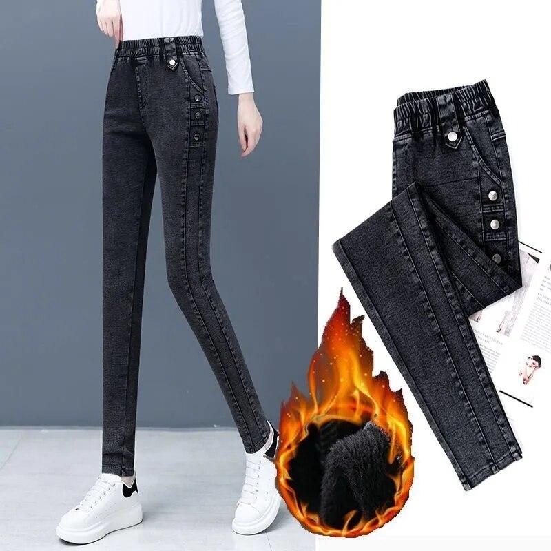 91140105MA0LTG9139 Winter fluwelen stretch potlood jeans dames vintage slanke dikkere Jean warme skinny denim broek hoge taille leggings 31 grijs