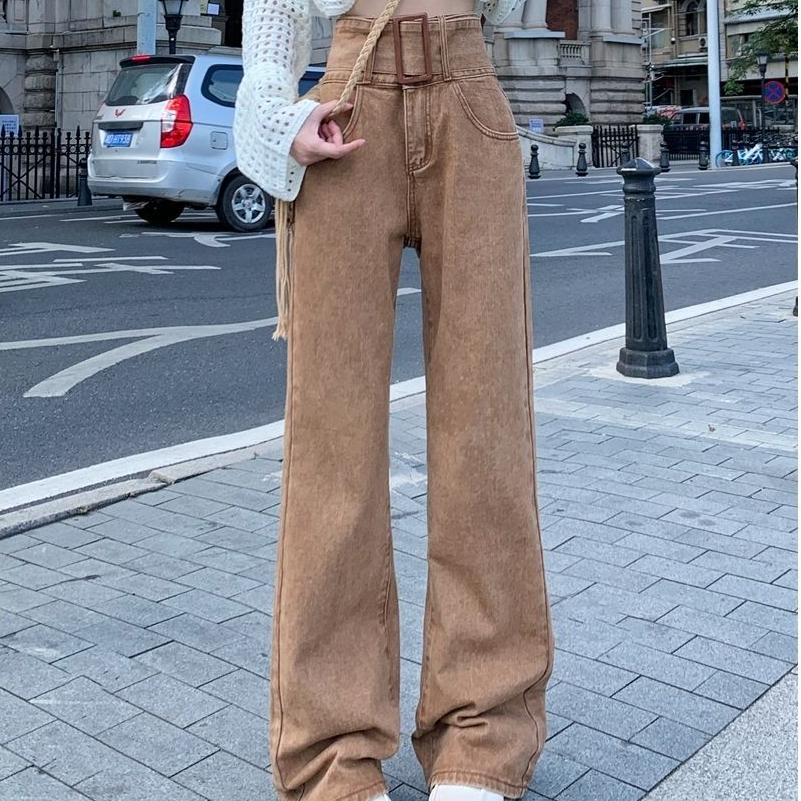 XHZ Mode jeans voor dames Vintage streetwear hoge taille wijde pijpen broek met riem Stijlvolle college losse casual broek XL