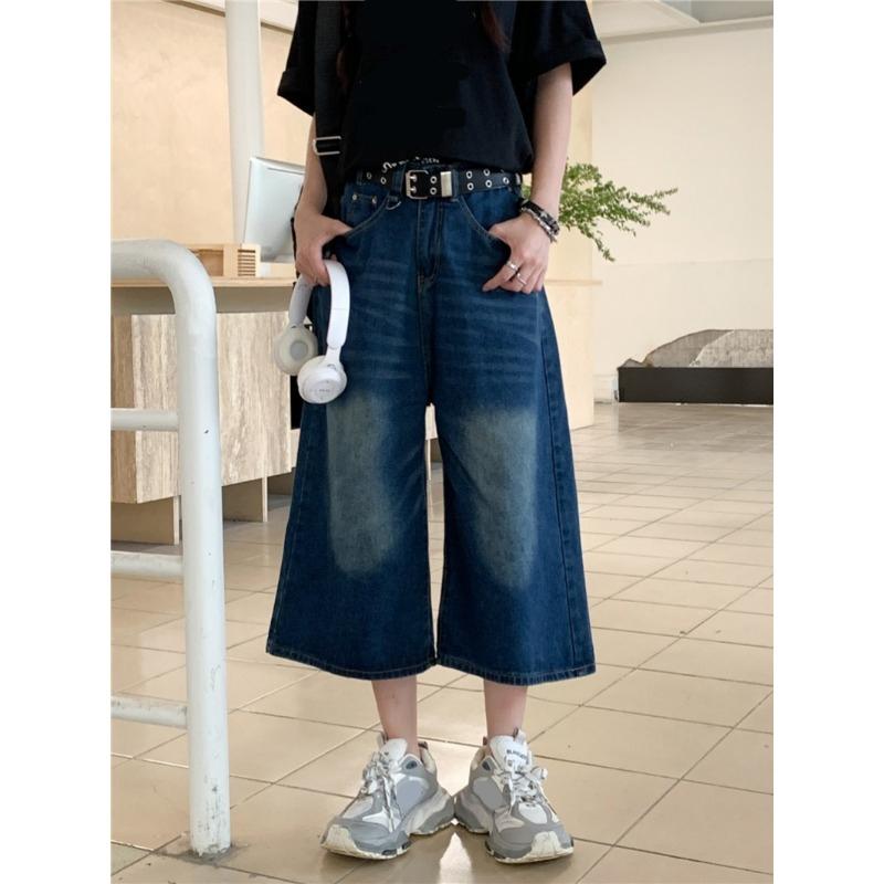 Best items Zomer Vintage Dames Korte Jeans Nieuwe Retro Hoge Taille Losse Casual Rechte Pijpen Wijde Pijpen Denim Broek Coole 7/4 Broek 577 S blauw