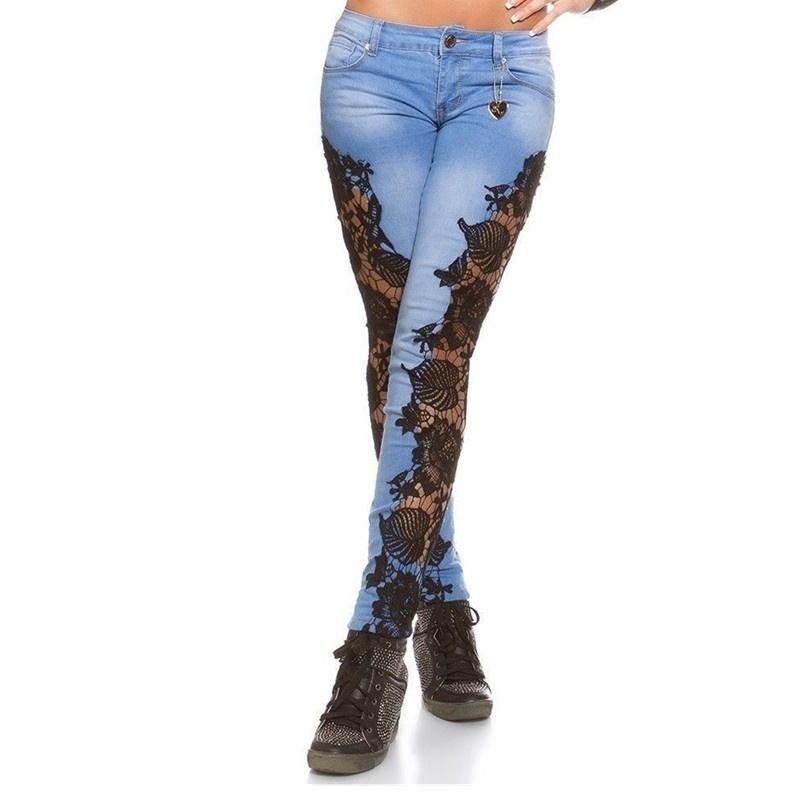 XHZ Kant ingezette uitgesneden blauwe jeans voor dames chique nieuwe mode slanke high waisted jeans chique vintage skinny potloodbroek M