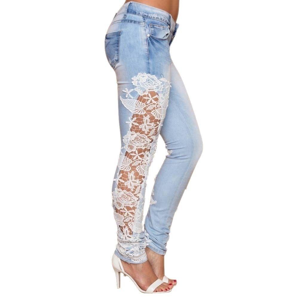 XHZ Kant ingezette uitgesneden blauwe jeans voor dames chique nieuwe mode slanke high waisted jeans chique vintage skinny potloodbroek 2XL