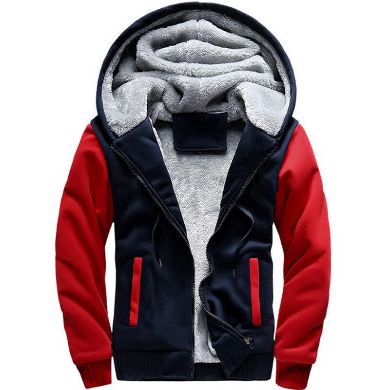 HF61WN Heren warme dikke hoodies met rits, fleece bont gevoerde hoody jas, uitloper tops XL blauw/rood