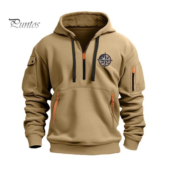 DILLER Heren Herfst Winter Hoodie Effen Kleur Trekkoord Lange Mouwen Halve Rits Borduurwerk Badge Grote Zak Capuchon Losse Dagelijkse Draag Casual Sport Top M kaki