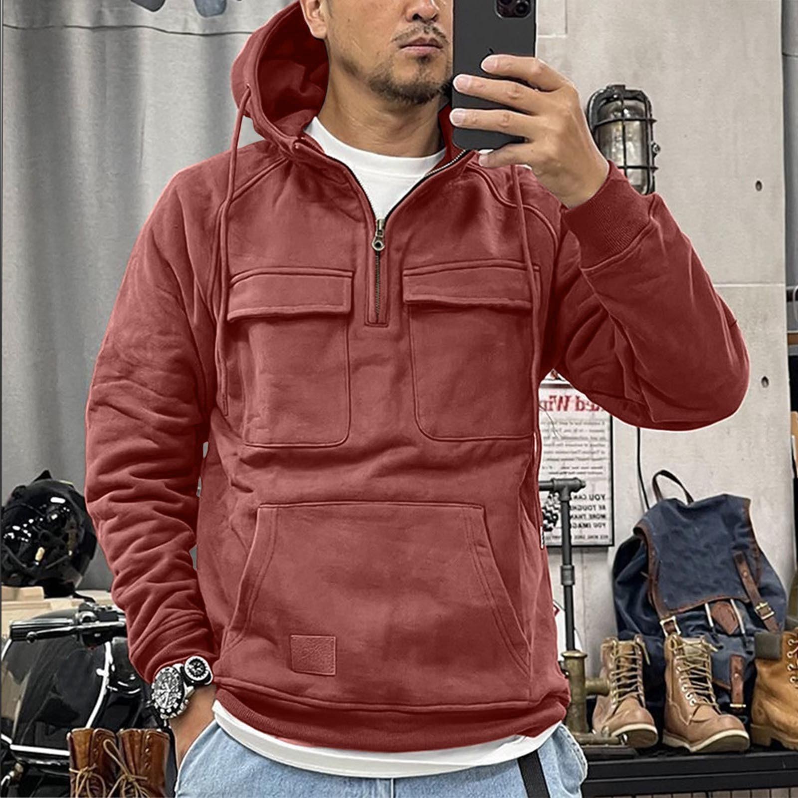 Ren Fashion Effen kleur herensweater met capuchon, Europese en Amerikaanse jeugdsport leren trui met meerdere zakken en patch XL roze