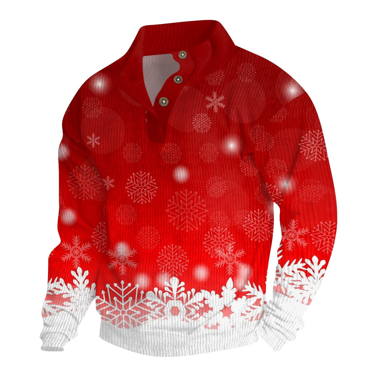 Linglong Heren Kerst Katoenen Pullover Lange Mouw Outdoor Shirt Vintage Corduroy Knoop Stand Kraag Shirt Casual Sweatshirt Kerst Print Top XL cinnaber
