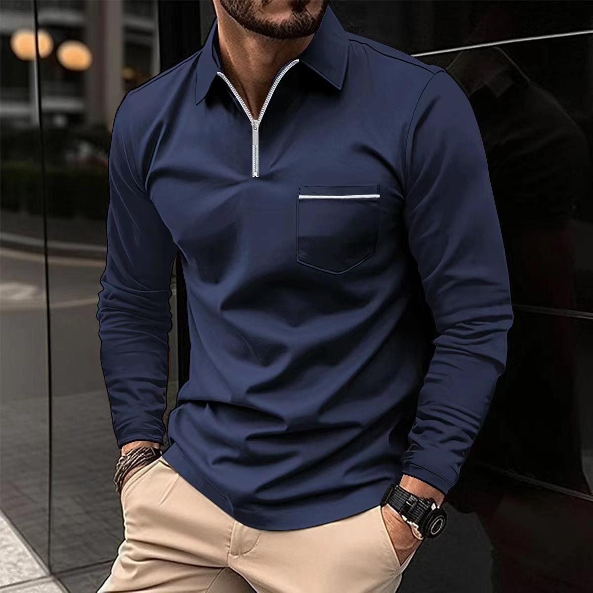 Fashion human Mode Polo Shirt Rits Zak Heren Lange Mouw Sport Polo Shirt Effen Kleur Top XXL Vloot