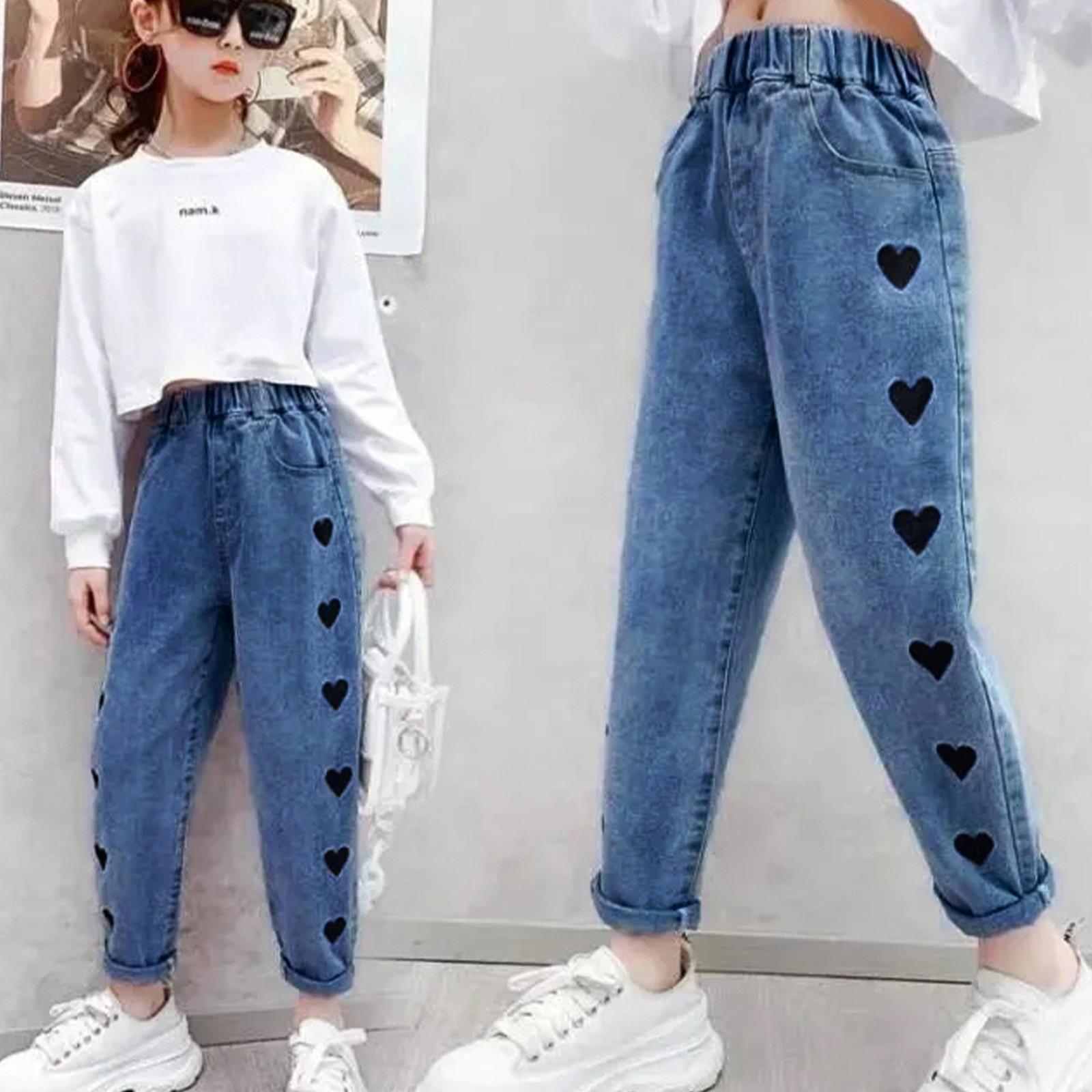 Gloves Meisjesmode jeans met zakken geborduurde perzik hart denim broek 140