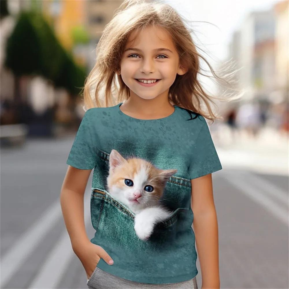 ETST WENDY 012 Zomer Nieuwe Kinderen Nieuwe Schattige Kattenpatroon 3D-Print T-shirt Meisjes Mode Schattige Patroon Casual Trendy Korte Mouwen Tops 130