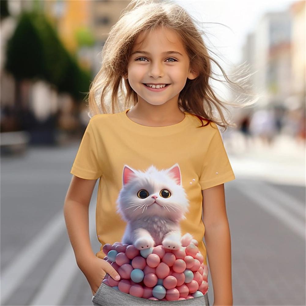 HerSight Kat Korte Mouw Paard Kind T-shirt Zomer Kawaii Kid T-shirt Voor Kinderen Tops Fashion Tee Meisjes Kleding Van 8 tot 14 Jaar Oud 110