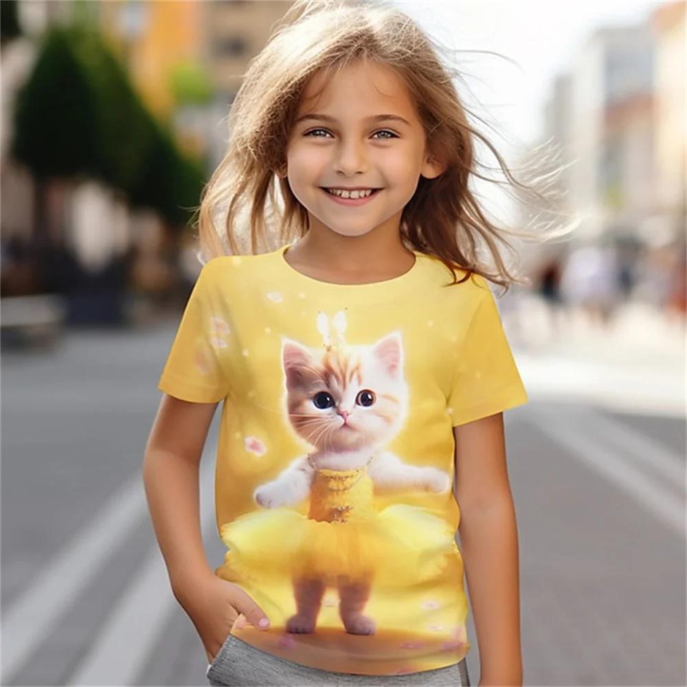 HerSight Kat Korte Mouw Paard Kind T-shirt Zomer Kawaii Kid T-shirt Voor Kinderen Tops Fashion Tee Meisjes Kleding Van 8 tot 14 Jaar Oud 110