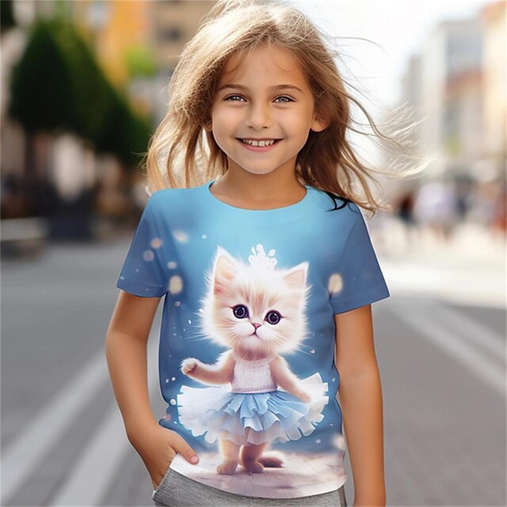 HerSight Kat Korte Mouw Paard Kind T-shirt Zomer Kawaii Kid T-shirt Voor Kinderen Tops Fashion Tee Meisjes Kleding Van 8 tot 14 Jaar Oud 130