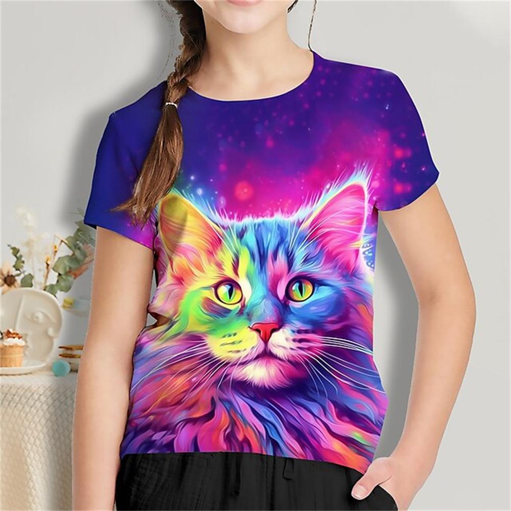HerSight Kat Korte Mouw Paard Kind T-shirt Zomer Kawaii Kid T-shirt Voor Kinderen Tops Fashion Tee Meisjes Kleding Van 8 tot 14 Jaar Oud 120