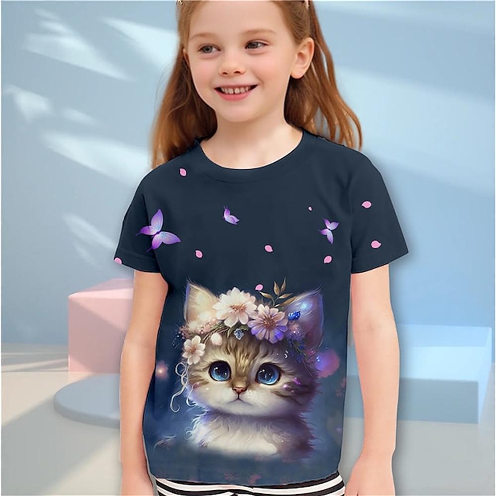 HerSight Kat Korte Mouw Paard Kind T-shirt Zomer Kawaii Kid T-shirt Voor Kinderen Tops Fashion Tee Meisjes Kleding Van 8 tot 14 Jaar Oud 110