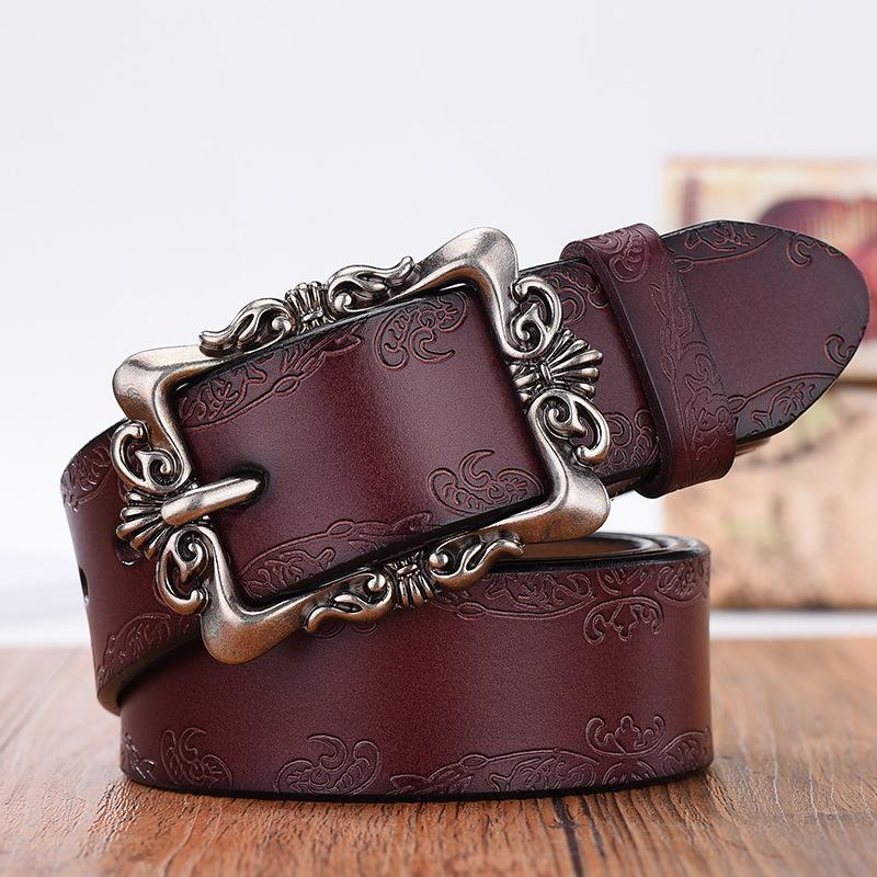 Ouyaohong Mode brede lederen riemen voor dames Vintage bloemen gesp Damesriem Hoge kwaliteit tweede laag koeienhuid jeansriem